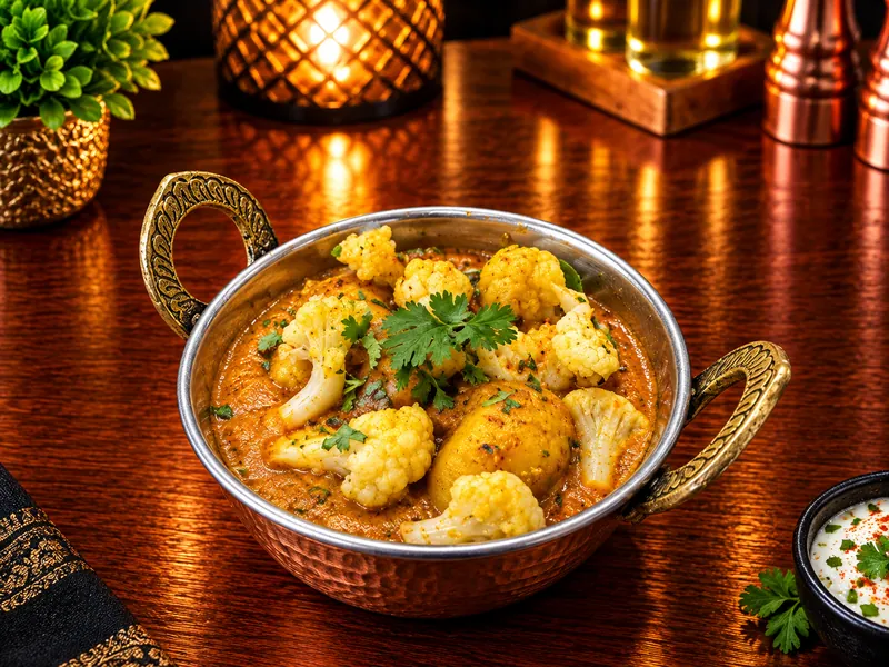 Aloo Gobi : chou-fleur et pommes de terre aux épices, servi dans un bol en cuivre