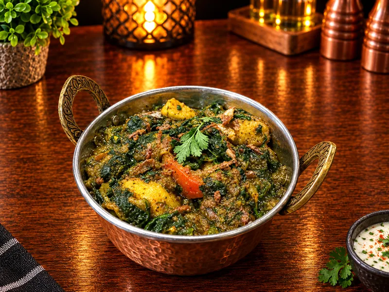 Aloo Palak : pommes de terre et épinards aux épices, servi dans un bol en cuivre