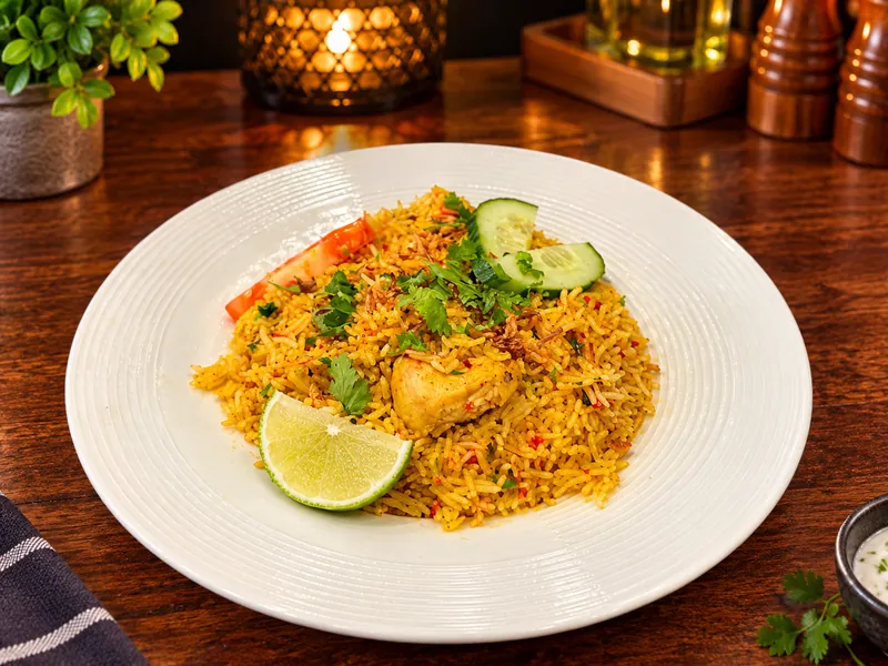 Biryani : riz basmati parfumé aux épices, servi avec un quartier de citron vert