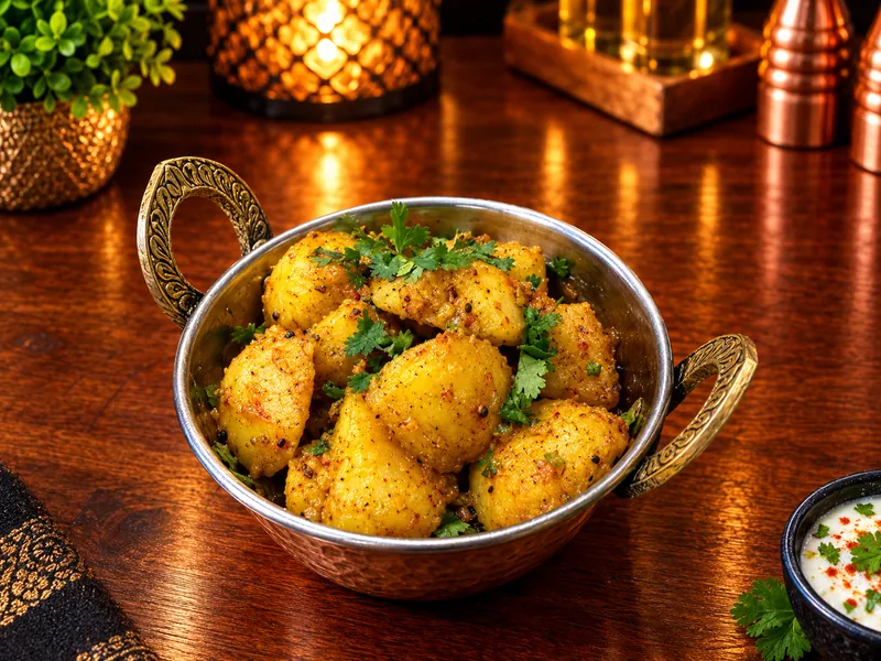 Bombay Aloo : pommes de terre rôties aux épices, servies dans un bol en cuivre