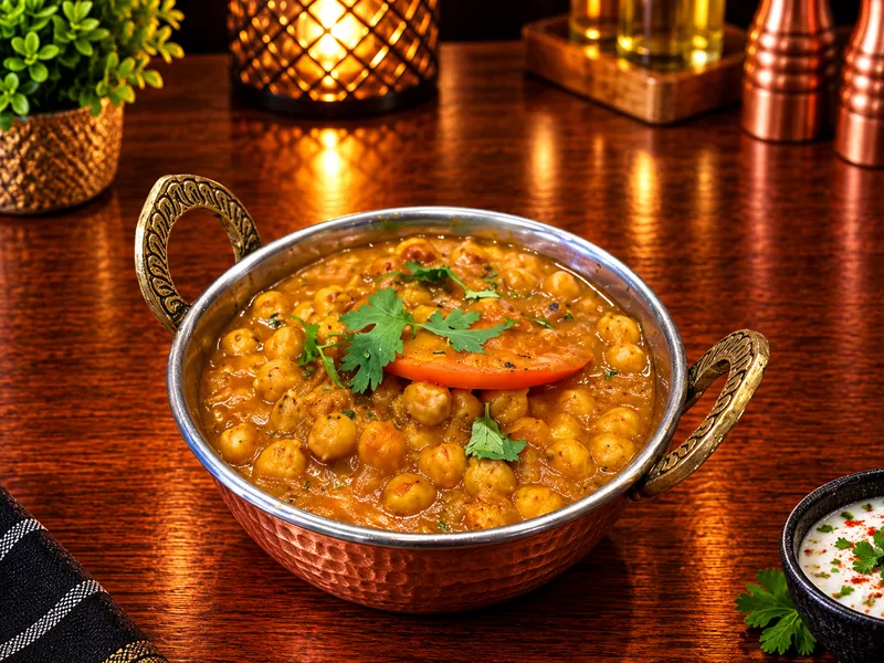 Chana Masala : pois chiches mijotés aux épices, servis dans un bol en cuivre