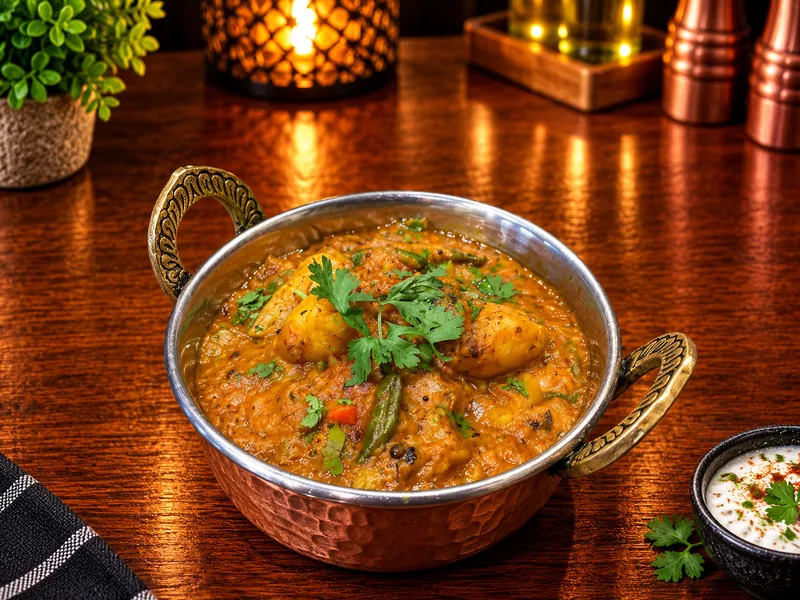 Curry de légumes aux épices et coriandre fraîche, servi dans un bol en cuivre