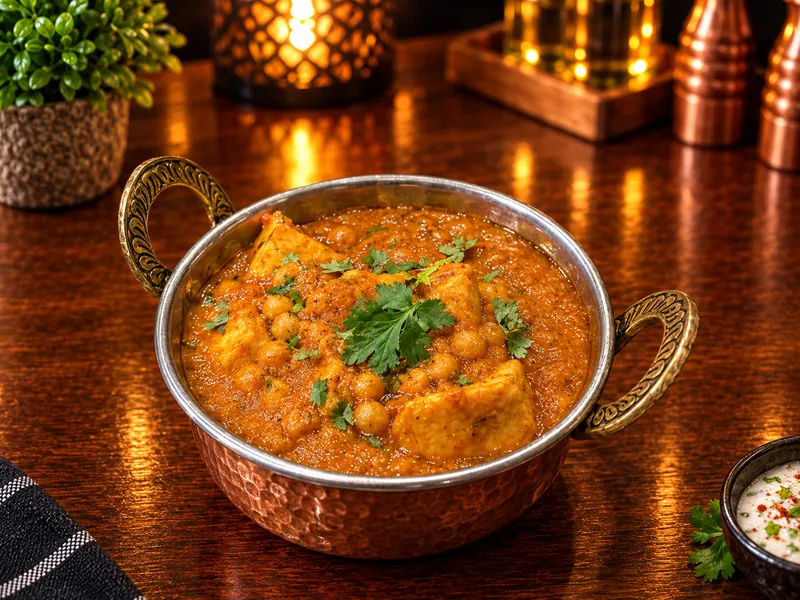 Dansak : curry aux lentilles, servi dans un bol en cuivre