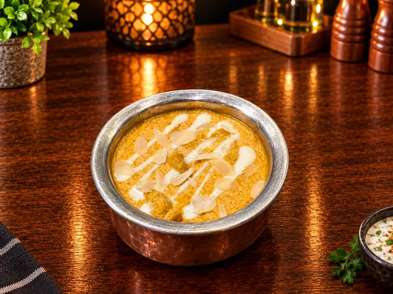 Korma : sauce crémeuse à la noix de coco et aux amandes, servie dans un bol en cuivre