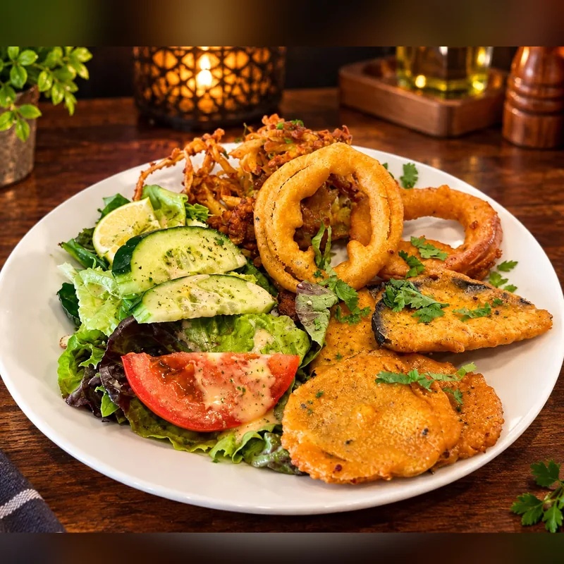 Mix Pakora : beignets d'aubergine, de pomme de terre et d'oignon, servis avec une salade fraiche