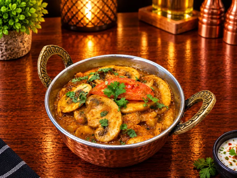 Mushroom Bhaji : champignons sautés aux épices, servis dans un bol en cuivre
