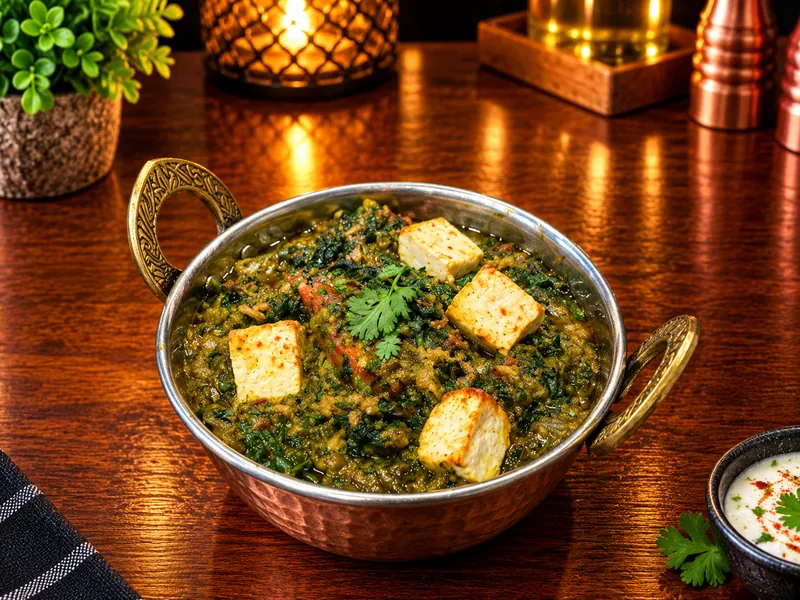 Palak Paneer : épinards et fromage indien, servis dans un bol en cuivre
