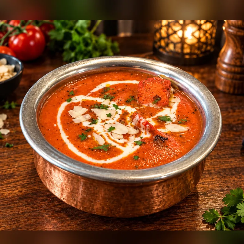 Poulet Tikka Masala : curry rouge cremeux aux amandes effilees, servi dans un bol en cuivre