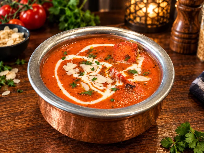Poulet Tikka Masala : curry rouge cremeux aux amandes effilees, servi dans un bol en cuivre