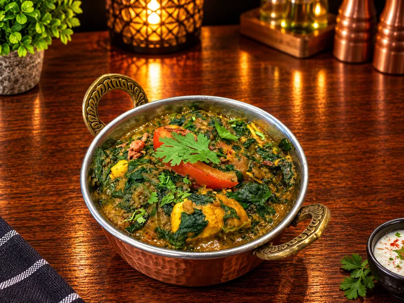 Saag : curry aux épinards, servi dans un bol en cuivre