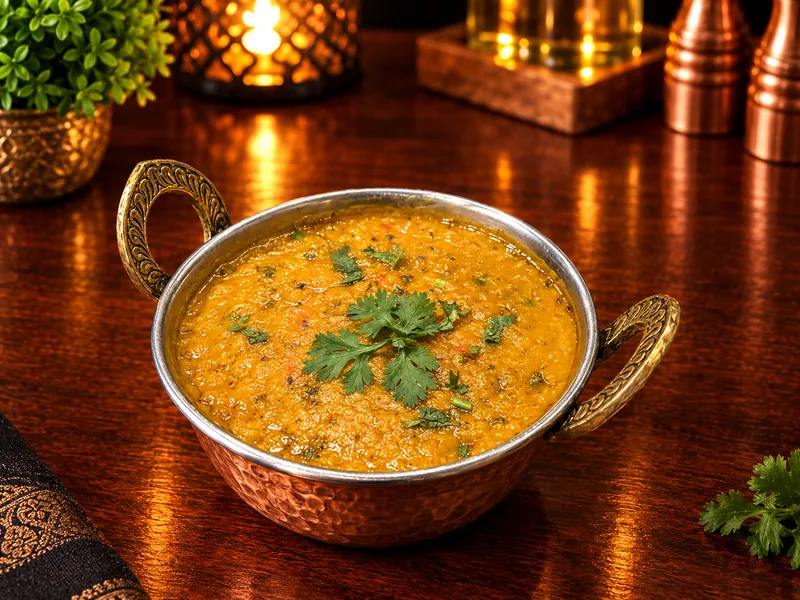 Tarka Dal : lentilles mijotées aux épices, servies dans un bol en cuivre